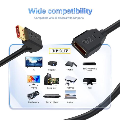 Duttek 90 Degree DisplayPort 2.1 Cable 6Inch/15cm, 40Gbps Short Down Angle Displayport Male to Female Cable [16K@30Hz, 8K@120Hz, 4K@240Hz] for Dual Monitor, RTX 5090/4090, 240Hz Gaming in Saudi Arabia