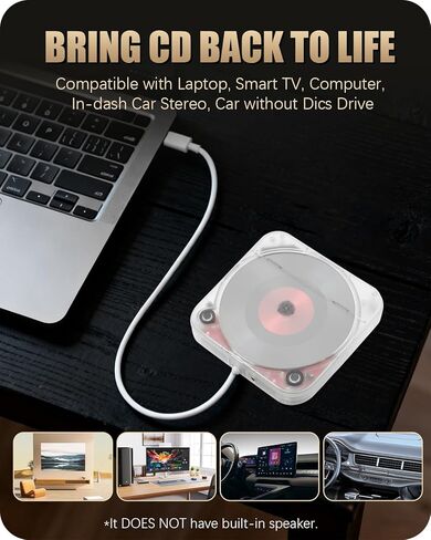Portable External CD Player for Car USB Port AUX Port, Car CD Player with USB C Adapter Extension Cable, for Car Without CDs Player, Automobile, Laptop, TV, Work Vertically and Horizontally in Saudi Arabia