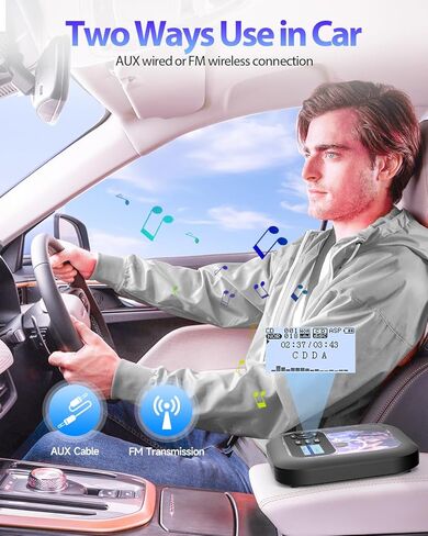مشغل أقراص مضغوطة محمول مع بلوتوث - قابل لإعادة الشحن مع جهاز إرسال FM ومكبرات صوت مزدوجة وسماعات رأس واستخدام AUX للسيارة والسفر إلى المنزل in Kuwait