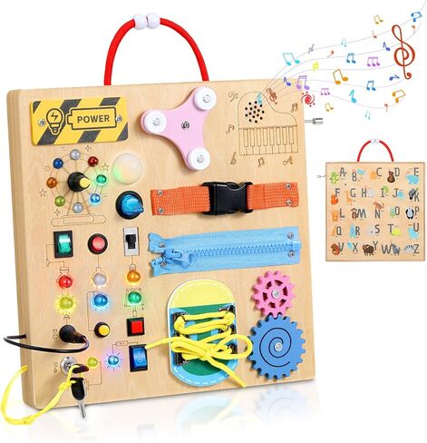 ألعاب MoKo Busy Board Montessori لعمر 3 سنوات فما فوق، لوحة ألعاب حسية خشبية مع مفتاح إضاءة LED، أقفال، سحابات، صناديق الموسيقى، لعبة تعليمية تعليمية للأطفال الصغار الأولاد والبنات in Kuwait
