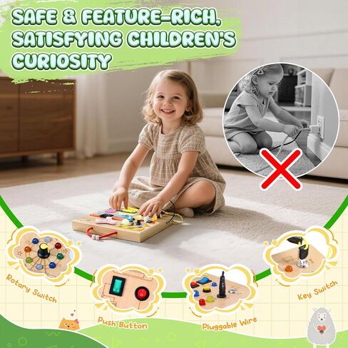 ألعاب MoKo Busy Board Montessori لعمر 3 سنوات فما فوق، لوحة ألعاب حسية خشبية مع مفتاح إضاءة LED، أقفال، سحابات، صناديق الموسيقى، لعبة تعليمية تعليمية للأطفال الصغار الأولاد والبنات in Kuwait