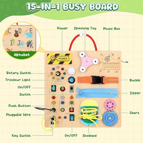 ألعاب MoKo Busy Board Montessori لعمر 3 سنوات فما فوق، لوحة ألعاب حسية خشبية مع مفتاح إضاءة LED، أقفال، سحابات، صناديق الموسيقى، لعبة تعليمية تعليمية للأطفال الصغار الأولاد والبنات in Kuwait