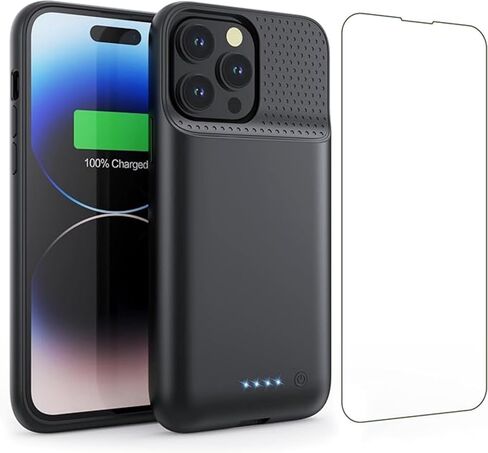 حافظة بطارية لهاتف iPhone 13/ 13Pro/14، حافظة شاحن بطارية قوية بقدرة 7500 مللي أمبير في الساعة محمولة وقابلة لإعادة الشحن وحافظة شاحن إضافية ممتدة لهاتف iPhone 13/13 Pro/14، أسود in Kuwait