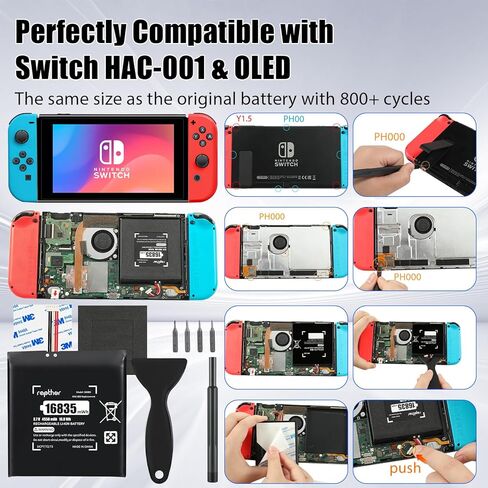 بطارية بديلة Rapthor HAC-003 متوافقة مع وحدة تحكم Nintendo Switch HAC-001، سعة عالية 3.7 فولت 16835 مللي واط في الساعة مع مجموعة أدوات التثبيت in Kuwait