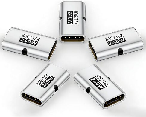 5 قطع من وصلات USB C، محول USB C أنثى إلى أنثى مع نقل بيانات بسرعة 80 جيجابت في الثانية، شحن سريع 240 وات، متوافق مع Thunderbolt 4/3، دعم فيديو 16K/8K، فضي in Kuwait