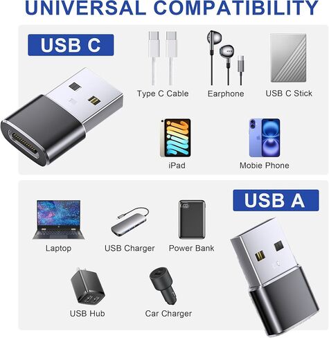 6 حزم محول USB إلى USB C، USB C أنثى إلى USB A ذكر، محول نوع C لسلسلة iPhone 17، iWatch، iPad، Samsung Galaxy S25، محول شحن للسيارة، PS4 والاستخدام اليومي in Kuwait