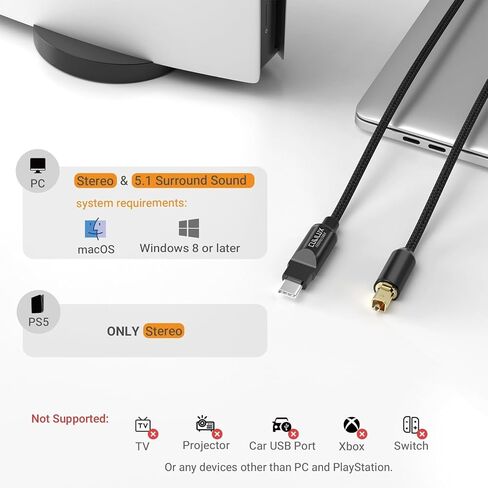 كابل صوت بصري Cubilux USB C إلى TOSLINK، سلك Aux رقمي أحادي الاتجاه من النوع C إلى SPDIF، جهاز إرسال S/PDIF للكمبيوتر/الكمبيوتر المحمول/كمبيوتر MacBook (5.1 صوت محيطي) وPS5 (ستيريو)، 6.6 قدم in Kuwait