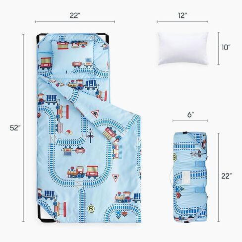 Wake In Cloud - Cot Nap Mat with Pillow and Blanket, for Toddler Kids Boys Girls in Daycare Kindergarten Preschool Pre K with Elastic Corner Straps, Cars Vehicles Trains Airplanes, Light Sky Blue in Saudi Arabia