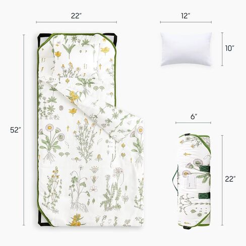 Wake In Cloud - Cot Nap Mat with Pillow and Blanket, for Toddler Kids Boys Girls in Daycare Kindergarten Preschool Pre K with Elastic Corner Straps, Floral Botanical Flowers, White Green in Saudi Arabia