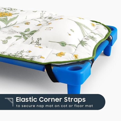 Wake In Cloud - Cot Nap Mat with Pillow and Blanket, for Toddler Kids Boys Girls in Daycare Kindergarten Preschool Pre K with Elastic Corner Straps, Floral Botanical Flowers, White Green in Saudi Arabia