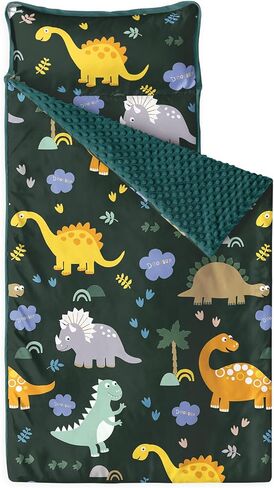Wake In Cloud - Toddler Nap Mat with Pillow and Minky Fleece Blanket, for Kids Boys in Daycare Preschool Kindergarten, Roll Up Sleeping Bag, Cartoon Jurassic Dinosaur in Saudi Arabia