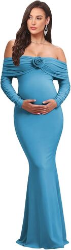 Off Shoulder Long Sleeves Maternity Dress Ruched Satin Dresses for Photoshoot Photography Baby Shower DD11 in Saudi Arabia