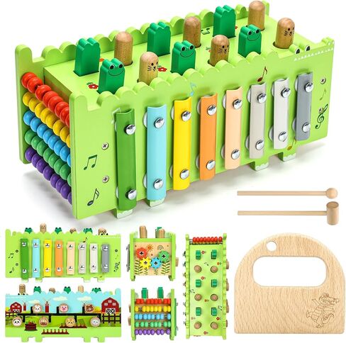 Wooden Montessori Toys for 1 Year Old - Educational Learning Activity Cube for Baby Boys Girls Age 1 2 3 Year Old Hammering Pounding Toy with Xylophone & Abacus Game, Wood Toy Crocodile in Kuwait
