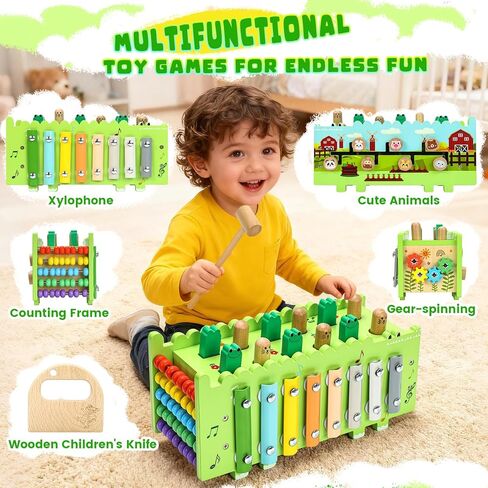 Wooden Montessori Toys for 1 Year Old - Educational Learning Activity Cube for Baby Boys Girls Age 1 2 3 Year Old Hammering Pounding Toy with Xylophone & Abacus Game, Wood Toy Crocodile in Kuwait