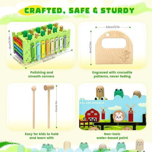 Wooden Montessori Toys for 1 Year Old - Educational Learning Activity Cube for Baby Boys Girls Age 1 2 3 Year Old Hammering Pounding Toy with Xylophone & Abacus Game, Wood Toy Crocodile in Kuwait