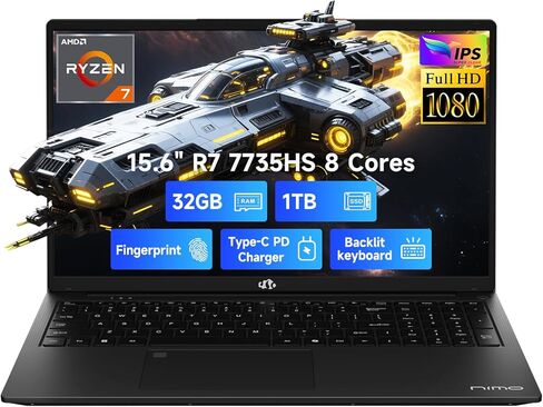 كمبيوتر محمول NIMO مقاس 15.6 بوصة IPS FHD للألعاب، AMD 8 Cores Ryzen 7 7735HS 32GB DDR5 RAM 1TB SSD، رسومات Radeon 680M، لوحة مفاتيح بإضاءة خلفية 100W Type-C، فتح بصمة الإصبع، Wi-Fi 5 Bluetooth 5.2 in Kuwait