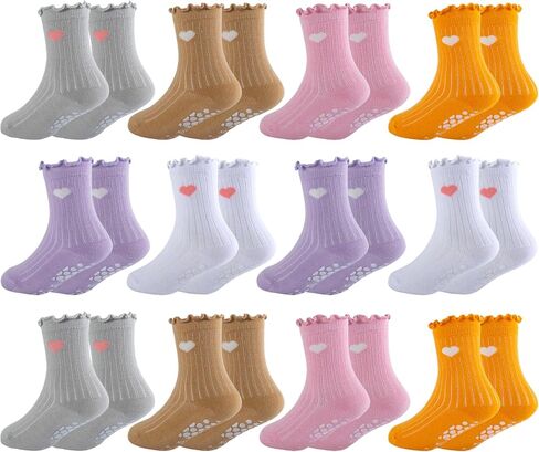 12 Pairs Toddler Ruffle Socks Baby Girls Non Slip Grip Socks Cute Funny Frilly Cotton Crew Grippy Dress Sock for Kids in Saudi Arabia