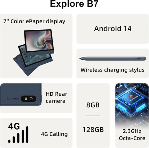 Bigme B7 7" Color E-Ink Tablet E-Reader | 3000mAh battery, adjustable front light, eye-friendly reading, 4G calling, silver in Saudi Arabia