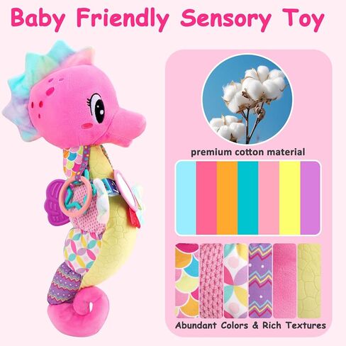 Baby Girl Toys 0-6 Months Musical Seahorse Stuffed Animal Tummy Time Toys for Infant 3-6 6-12 Months with Baby Mirror Sensory Newborn Crinkle Developmental Pink Toy Birthday Shower Gifts 0-3 4 5 Month in Saudi Arabia