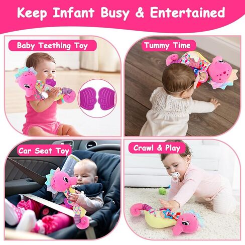 Baby Girl Toys 0-6 Months Musical Seahorse Stuffed Animal Tummy Time Toys for Infant 3-6 6-12 Months with Baby Mirror Sensory Newborn Crinkle Developmental Pink Toy Birthday Shower Gifts 0-3 4 5 Month in Saudi Arabia