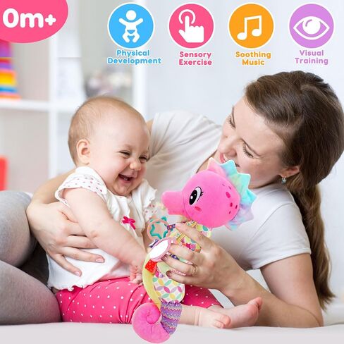 Baby Girl Toys 0-6 Months Musical Seahorse Stuffed Animal Tummy Time Toys for Infant 3-6 6-12 Months with Baby Mirror Sensory Newborn Crinkle Developmental Pink Toy Birthday Shower Gifts 0-3 4 5 Month in Saudi Arabia