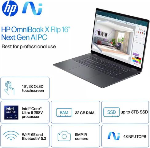 HP OmniBook X Flip Copilot+ PC 2-in-1 Laptop 16" Touchscreen OLED 3K (Intel Ultra 9-288V (UP to 48 Tops), 32GB LPDDR5X, 2TB SSD, Backlit KB, Thunderbolt 4, WiFi 6E, Bluetooth 5.3, Webcam, Win 11 Pro) in Kuwait