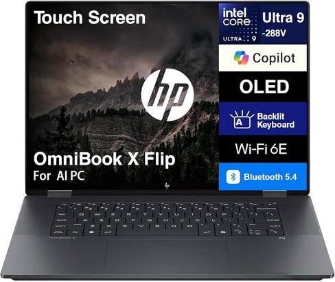 HP OmniBook X Flip Copilot+ PC 2-in-1 Laptop 16" Touchscreen OLED 3K (Intel Ultra 9-288V (UP to 48 Tops), 32GB LPDDR5X, 2TB SSD, Backlit KB, Thunderbolt 4, WiFi 6E, Bluetooth 5.3, Webcam, Win 11 Pro) in Saudi Arabia