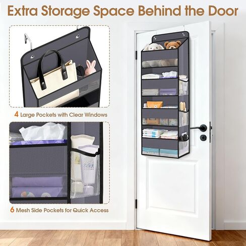 Over The Door Organizer Storage behind Door Hanging Organizer for Nursery | 4 Tier, 6 Side Pockets, Clear Window, Sturdy Construction, Space-Saving Storage for Closet, Bedroom, Bathroom & Nursery in Saudi Arabia