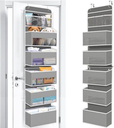 Over The Door Organizer Storage behind Door Hanging Organizer for Nursery | 4 Tier, 6 Side Pockets, Clear Window, Sturdy Construction, Space-Saving Storage for Closet, Bedroom, Bathroom & Nursery in Saudi Arabia