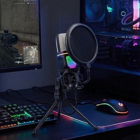 ميكروفون USB مكثف للألعاب مع إضاءة RGB وحامل ثلاثي القوائم - متوافق مع أجهزة الكمبيوتر الشخصية وPS4 وPS5 in Saudi Arabia
