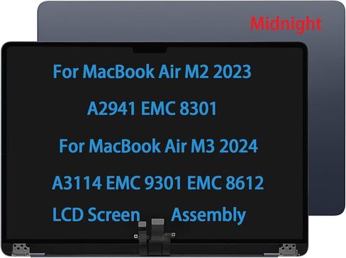 بديل شاشة 15 بوصة لجهاز MacBook Air M2 A2941 EMC 8301 M3 A3114 EMC 9301 EMC 8612 2023 2024 شاشة LCD كاملة مجموعة العرض العلوية (منتصف الليل/أزرق) in Saudi Arabia