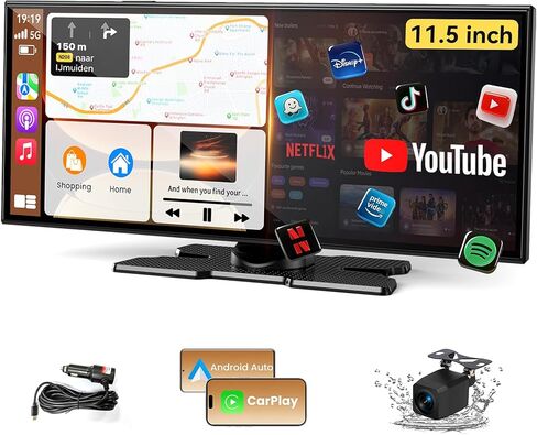 أكبر شاشة CarPlay لاسلكية مقاس 11.5 بوصة للسيارة، مدمجة في N-etflix/YouTube/TikTok وتطبيقات أخرى، شاشة A-pple CarPlay وAndroid Auto مع كاميرا احتياطية بدقة 1080 بكسل/ملاحة/تحكم صوتي، لجميع المركبات in Kuwait