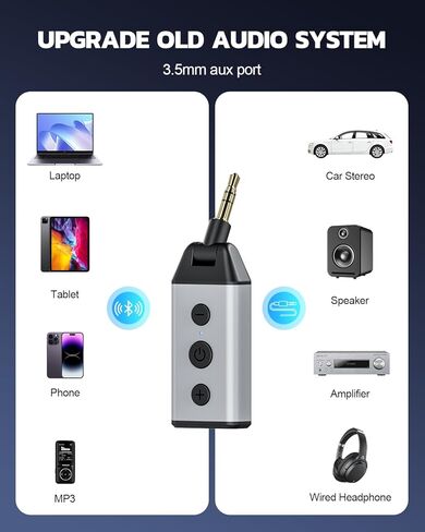 جهاز استقبال 1Mii بلوتوث 5.4 للسيارة، محول سيارة بلوتوث 3.5 ملم جاك AUX، مستقبل صوت لاسلكي للستيريو المنزلي مع التحكم في مستوى الصوت، مكالمات واضحة بدون استخدام اليدين، عمر بطارية 16 ساعة in Kuwait