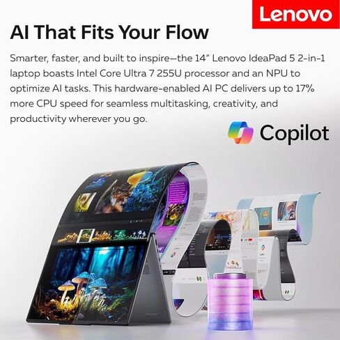 كمبيوتر محمول Lenovo IdeaPad 5 Premium 2 في 1 يعمل بالذكاء الاصطناعي، شاشة لمس 14 بوصة FHD+، Ultra 7 255U، ذاكرة وصول عشوائي 16 جيجابايت، SSD 512 جيجابايت، Wi-Fi 6، Win11 Pro، إضاءة خلفية، تصميم رقيق وهادئ، حزمة مع مبرد كمبيوتر محمول PCO in Kuwait