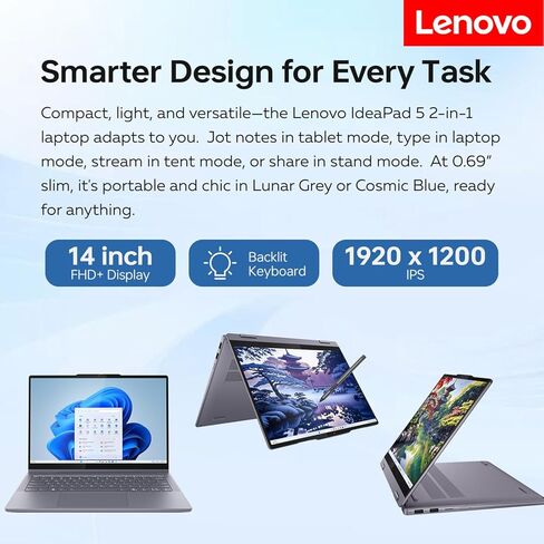 كمبيوتر محمول Lenovo IdeaPad 5 Premium 2 في 1 يعمل بالذكاء الاصطناعي، شاشة لمس 14 بوصة FHD+، Ultra 7 255U، ذاكرة وصول عشوائي 16 جيجابايت، SSD 512 جيجابايت، Wi-Fi 6، Win11 Pro، إضاءة خلفية، تصميم رقيق وهادئ، حزمة مع مبرد كمبيوتر محمول PCO in Kuwait