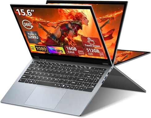 2 in 1 Laptop Computer, 15.6 Inch Convertible Laptop, 16GB DDR4 RAM 512GB SSD Touchscreen Laptop, AMD Ryzen R3 3200U, AMD Radeon, FHD 1920x1080, 360° Rotating Touch Screen, WiFi 5, Backlit Keyboard in Saudi Arabia