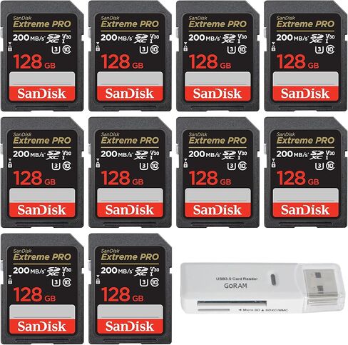 بطاقة ذاكرة SanDisk سعة 128 جيجابايت (10 عبوات) Extreme Pro SDXC UHS-I Class 10 U3، 4k UHD، V30 SD للكاميرا SDSDXXD-128G-GN4IN مع (10) حافظات GoRAM in Saudi Arabia