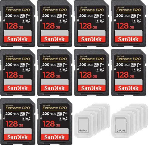 بطاقة ذاكرة SanDisk سعة 128 جيجابايت (10 عبوات) Extreme Pro SDXC UHS-I Class 10 U3، 4k UHD، V30 SD للكاميرا SDSDXXD-128G-GN4IN مع (10) حافظات GoRAM in Saudi Arabia
