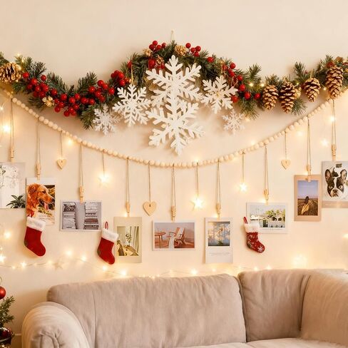 معلق صورة عرض الجدار ديكور ريفي البلد بوهو حبات خشبية إطار مع 9 مقاطع خشبية و 6 علامات قلوب خشبية ، حامل بطاقة عيد الميلاد لغرفة النوم ، المكتب ، الحضانة (2 عبوة) in Kuwait