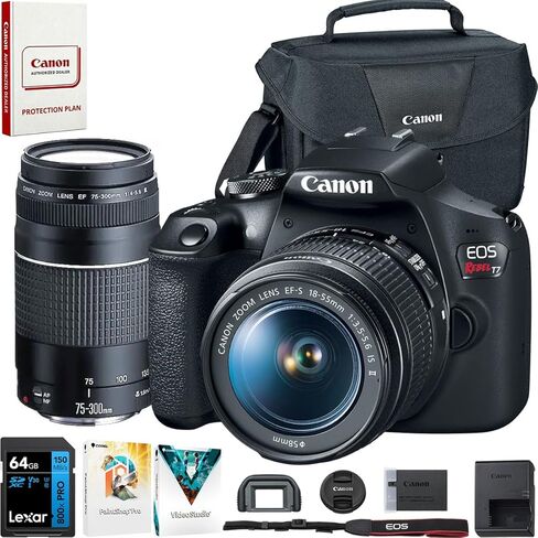 Canon EOS Rebel T7 DSLR Camera with EF18-55mm + EF 75-300mm Double Zoom Kit 2727C021 Bundle with Lexar Premium 64GB SDXC Memory Card, Deco Essentials Camera Bag and Corel Photo Video Suite in Saudi Arabia