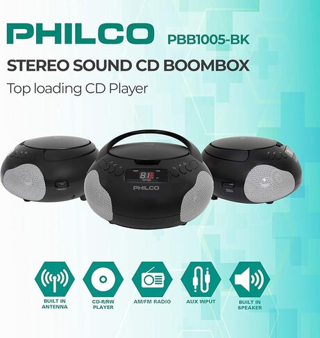 مشغل الأقراص المضغوطة المحمول من Philco مع مكبرات صوت وراديو AM FM | صندوق بوم أسود متوافق مع أقراص CD-R/CD-RW والأقراص الصوتية المضغوطة | مدخل ايه يو اكس 3.5 ملم | صوت ستيريو | شاشة LED | تعمل بالتيار المتردد/البطارية (متجددة) in Saudi Arabia