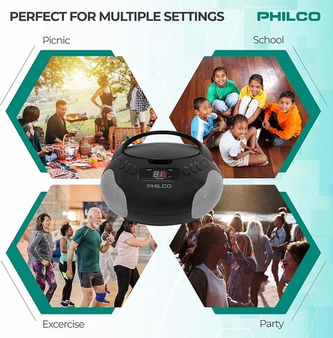 مشغل الأقراص المضغوطة المحمول من Philco مع مكبرات صوت وراديو AM FM | صندوق بوم أسود متوافق مع أقراص CD-R/CD-RW والأقراص الصوتية المضغوطة | مدخل ايه يو اكس 3.5 ملم | صوت ستيريو | شاشة LED | تعمل بالتيار المتردد/البطارية (متجددة) in Saudi Arabia