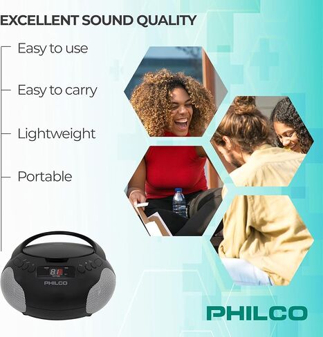 مشغل الأقراص المضغوطة المحمول من Philco مع مكبرات صوت وراديو AM FM | صندوق بوم أسود متوافق مع أقراص CD-R/CD-RW والأقراص الصوتية المضغوطة | مدخل ايه يو اكس 3.5 ملم | صوت ستيريو | شاشة LED | تعمل بالتيار المتردد/البطارية (متجددة) in Saudi Arabia