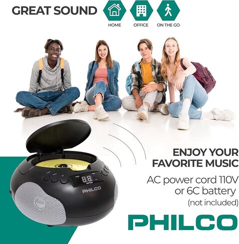 مشغل الأقراص المضغوطة المحمول من Philco مع مكبرات صوت وراديو AM FM | صندوق بوم أسود متوافق مع أقراص CD-R/CD-RW والأقراص الصوتية المضغوطة | مدخل ايه يو اكس 3.5 ملم | صوت ستيريو | شاشة LED | تعمل بالتيار المتردد/البطارية (متجددة) in Saudi Arabia