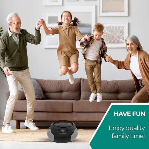 مشغل الأقراص المضغوطة المحمول من Philco مع مكبرات صوت وراديو AM FM | صندوق بوم أسود متوافق مع أقراص CD-R/CD-RW والأقراص الصوتية المضغوطة | مدخل ايه يو اكس 3.5 ملم | صوت ستيريو | شاشة LED | تعمل بالتيار المتردد/البطارية (متجددة) in Saudi Arabia