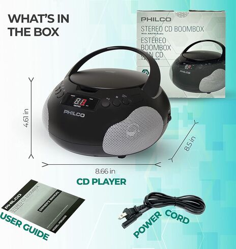 مشغل الأقراص المضغوطة المحمول من Philco مع مكبرات صوت وراديو AM FM | صندوق بوم أسود متوافق مع أقراص CD-R/CD-RW والأقراص الصوتية المضغوطة | مدخل ايه يو اكس 3.5 ملم | صوت ستيريو | شاشة LED | تعمل بالتيار المتردد/البطارية (متجددة) in Saudi Arabia