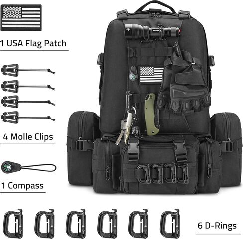 CVLIFE 60L Tactical Backpack for Men Women Military Large Army Rucksack With D-Ring Molle Clips Compass Accessories 3 Day Bug Out Survival Molle Bag Hiking Camping Gym Daypack Backpacks,Black in Saudi Arabia