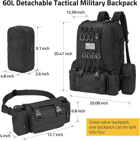 CVLIFE 60L Tactical Backpack for Men Women Military Large Army Rucksack With D-Ring Molle Clips Compass Accessories 3 Day Bug Out Survival Molle Bag Hiking Camping Gym Daypack Backpacks,Black in Saudi Arabia