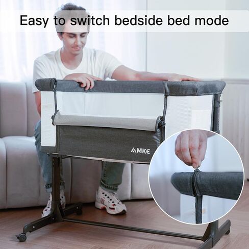 AMKE Baby Bassinet Bedside Sleeper with Adjustable Height & Breathable Mesh, Portable Bassinet with Wheels, Easy Fold Design - Newborn Crib with Drop Down Side for Infants up to 20 Lbs (Dark Grey) in Kuwait