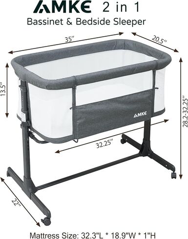 AMKE Baby Bassinet Bedside Sleeper with Adjustable Height & Breathable Mesh, Portable Bassinet with Wheels, Easy Fold Design - Newborn Crib with Drop Down Side for Infants up to 20 Lbs (Dark Grey) in Kuwait